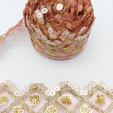 Pink Tissue Embroidered Trim, Gold Sequins Trim Decorative Lace Sari Border Costume Ribbon Crafting Sewing Tape, 1 yard